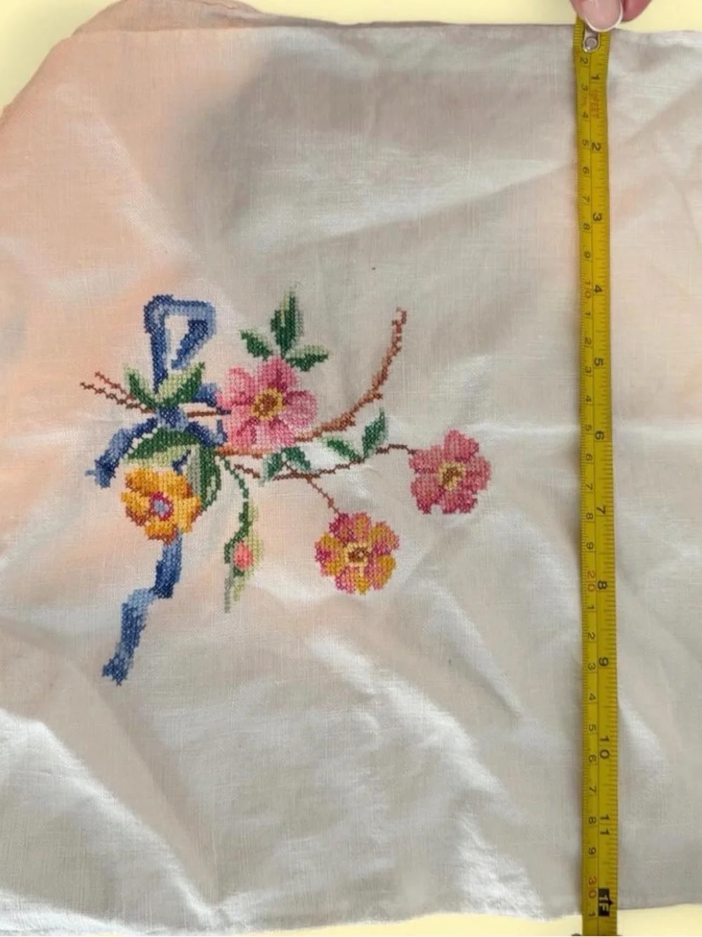 Floral Embroidered Cross Stitch Handkerchief Tea Towel- Pink Floral Design